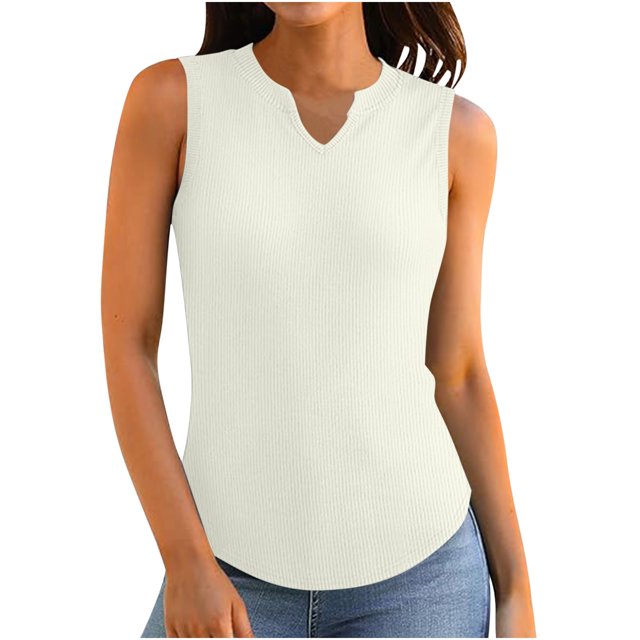 Timegard Womens Tank Tops Ribbed Knitted Sleeveless V Neck Shirts Workout Casual Solid Color Basic Top