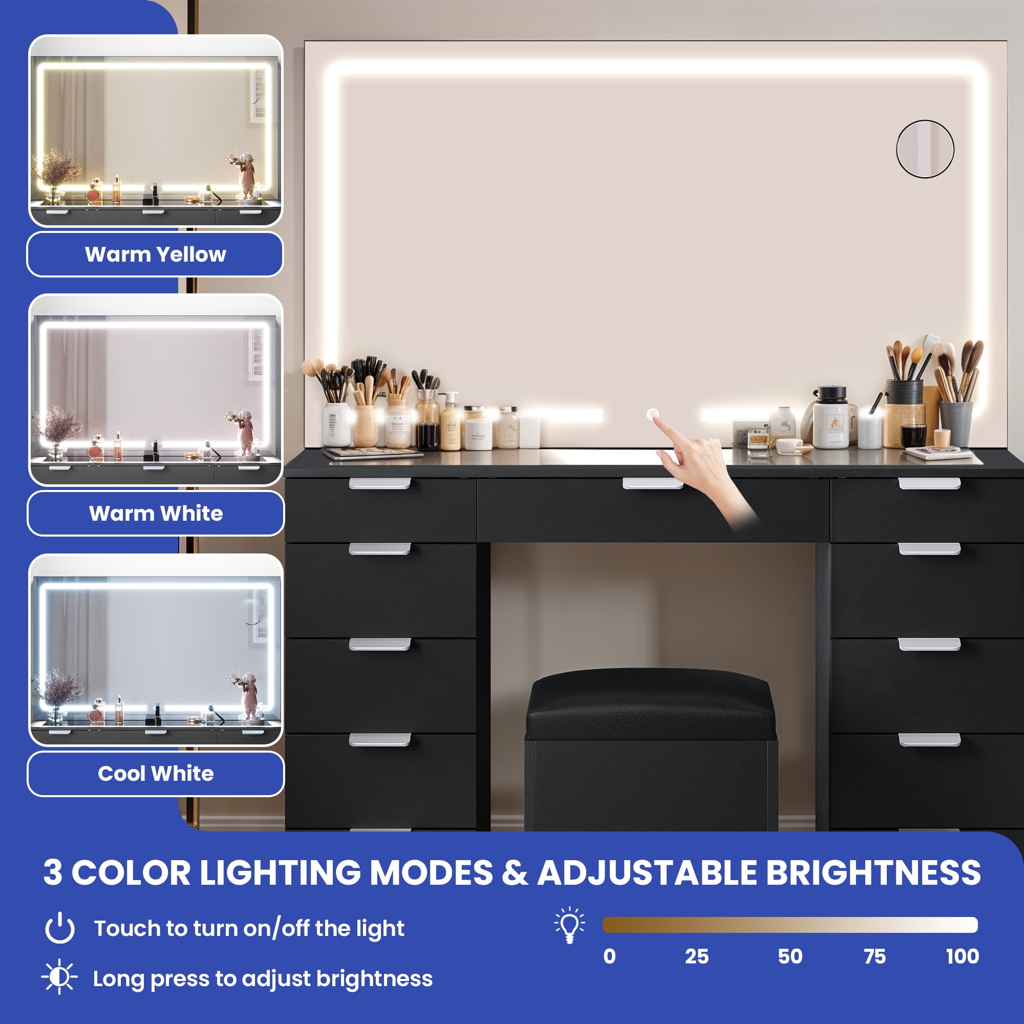 Uforic Elegant Black Vanity Desk Set with LED Mirror and Glass Top
