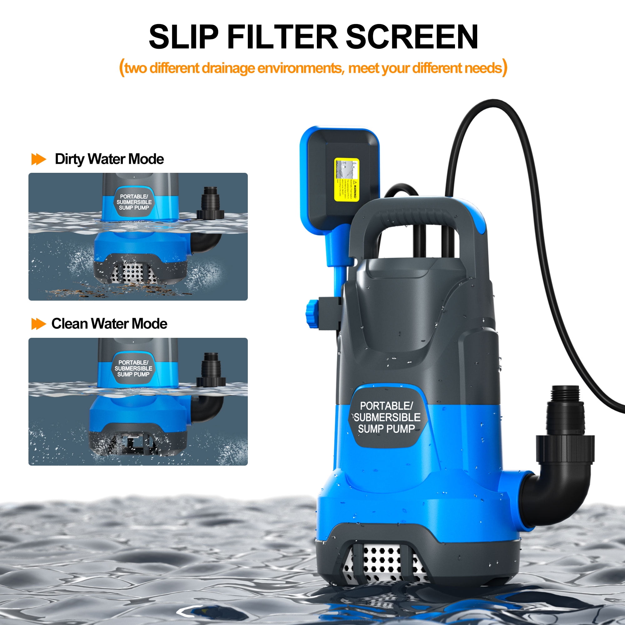 Sump Pump Submersible Water Pump 1HP 3700GPH with Float Switch Portable Water Transfer Pump Electric for Pool Draining Hot Tub Basement Utility Pumps