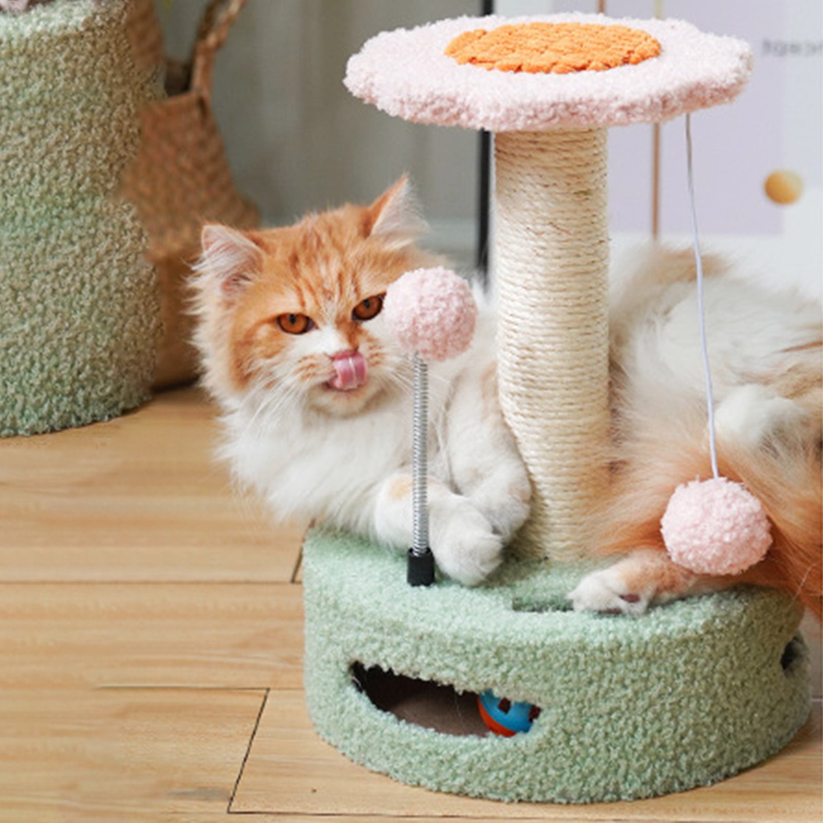 DOPI Cat Climbing Frame Sunflower Shape Tear-resistant Sisal Cartoon Kitten Scratching Post with Pompom Pet Supplies