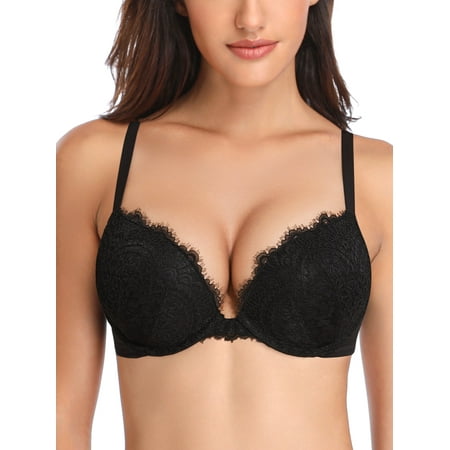 Deyllo Women s Lace Push Up Bra Padded Add Cup Plunge Underwired Support Bras  Black 32D