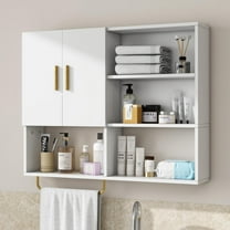 Bathroom Wall Cabinet Wood Large Wall Mounted Medicine Cabinet with 2 Doors and 4 Open Shelves Over Toilet Storage Cabinet Organizer with Towel Bar,White