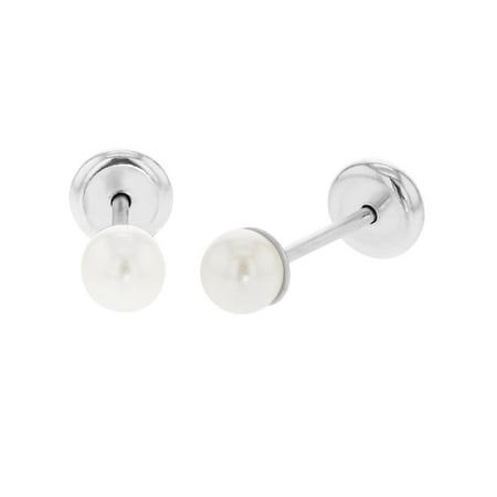 Silver Plated White Simulated Pearl 4mm Safety Stud Baby Earrings Girl