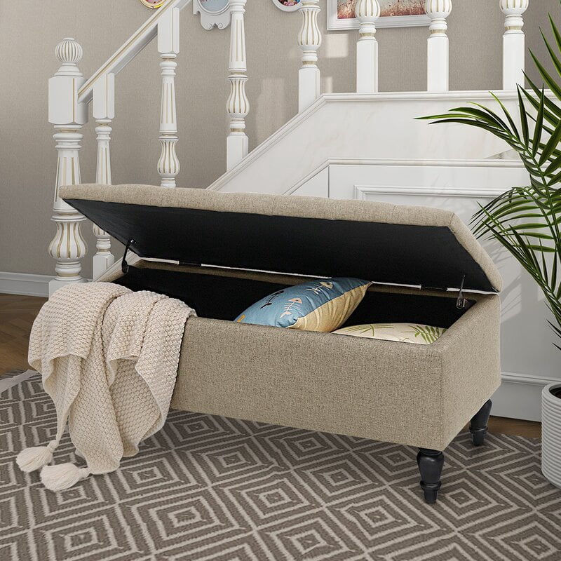 ABBLE 29 in. Beige Fabric Upholstered Storage Ottoman with Solid Wood Legs