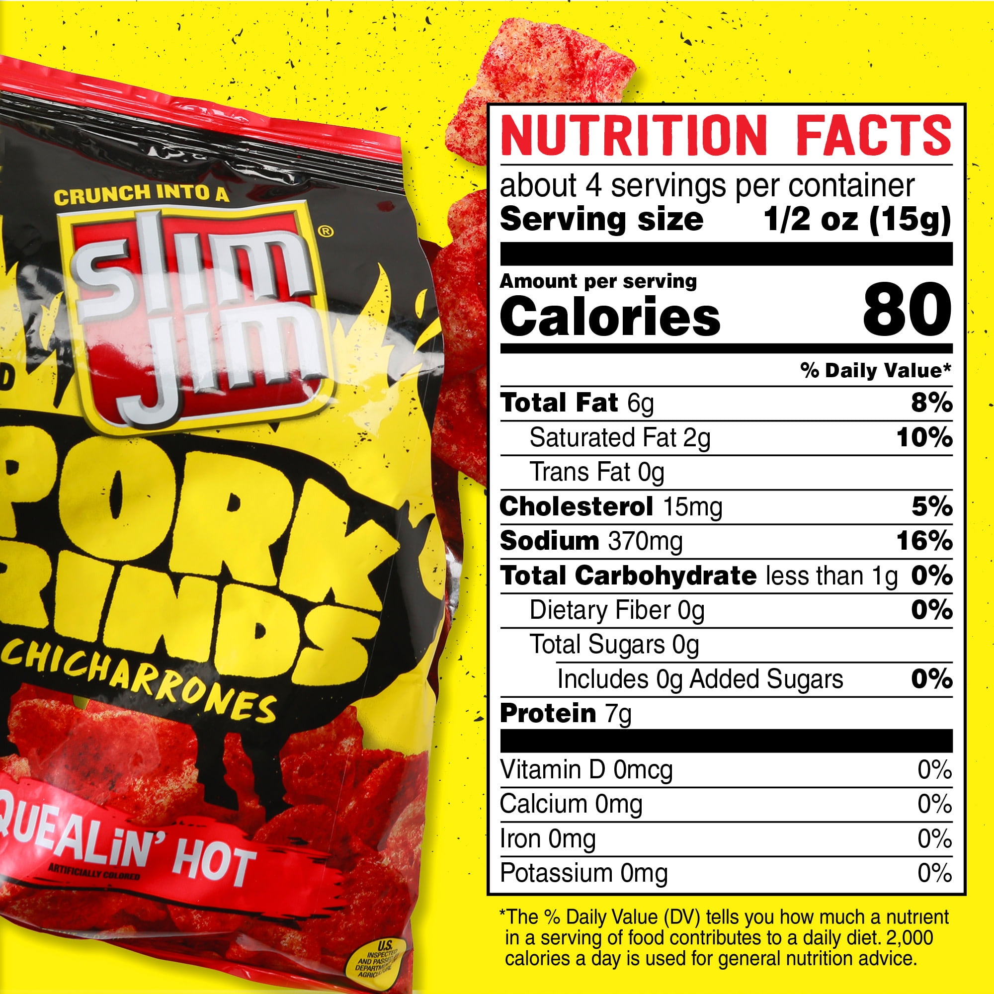Slim Jim Pork Rinds, Squealin' Hot Flavor Fried Meat Snacks, 2 oz Bag