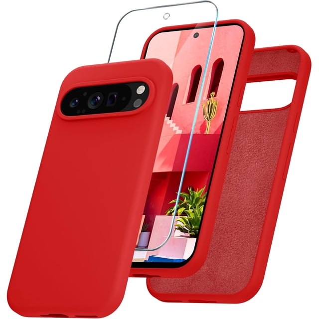 KOMI for Google Pixel 9 Pro XL Case, Silicone Phone Case with 1 Screen Protector, Soft Anti-Scratch Microfiber Lining, Full Body Shockproof Slim Cover Support Wireless Charging, Red