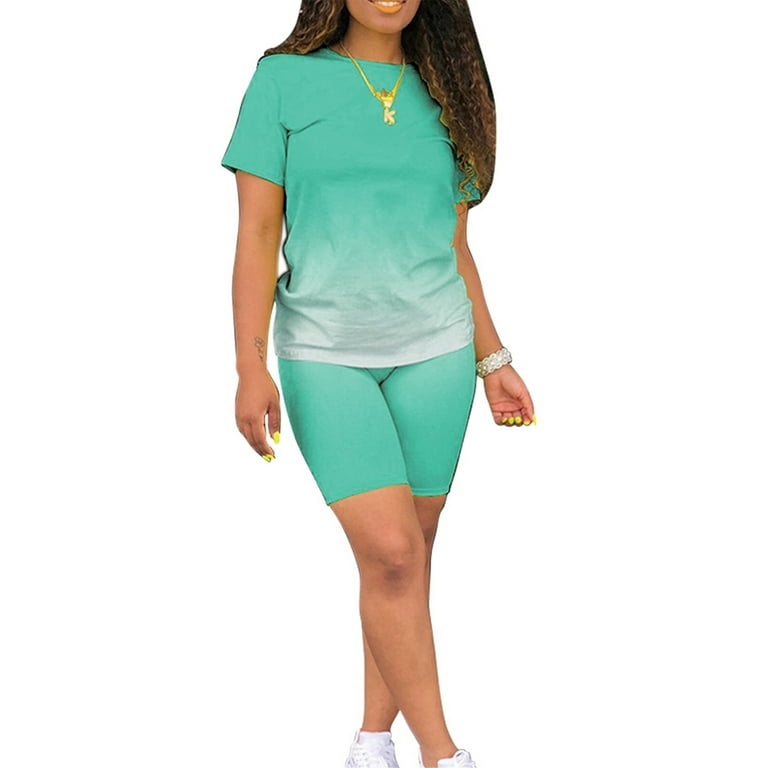 Summer 2pcs Outfits for Women Short Sleeve T-Shirts Bodycon Pants Shorts Set  Gradient Color Tracksuit Sportwear 