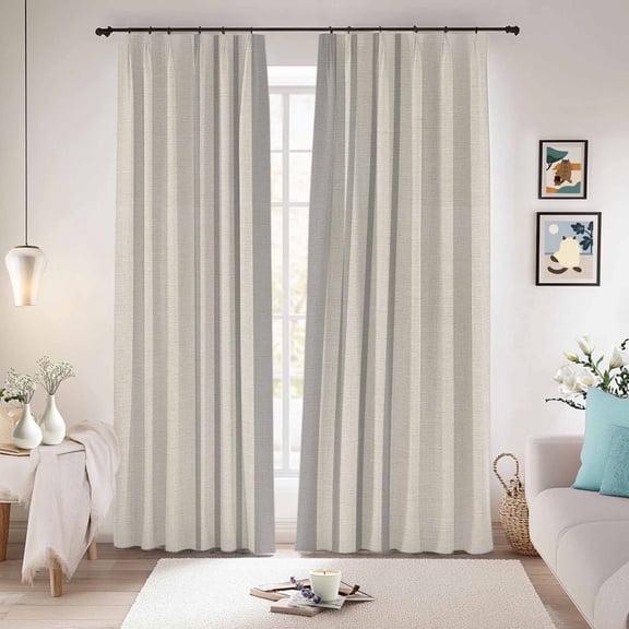 Grey Striped Blackout Curtains for Bedroom/Living Room, Pinch Pleated Black Out Curtains, Beige Geometric Modern Minimalist Room Darkening Window Drapes with Hooks 2 Panels, 59"x70"