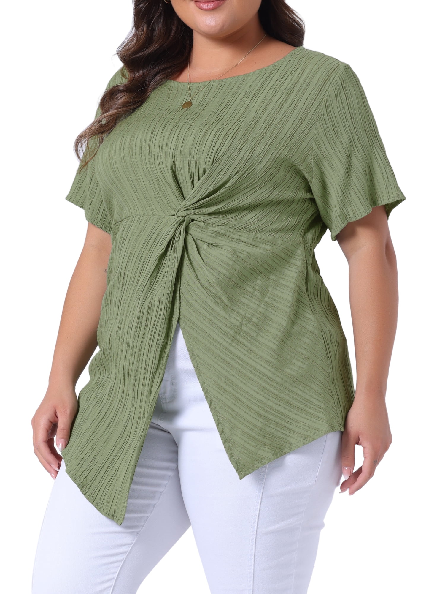 DARING DIVA Women's Plus Round Neck Asymmetrical Hem Twist Knot Top 3X Grass Green