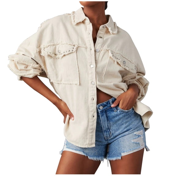 Jacenvly Jackets for Women Solid Denim Jacket Soft Comfortable Long Sleeve Spring Coats Lapels Pocket Button up Shirts for Women Leisure Trendy Thigh Length Tops