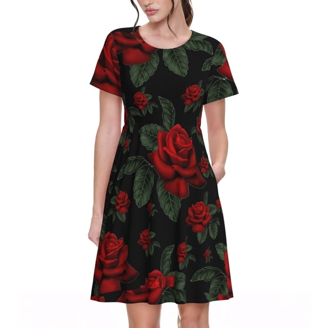 Vsdgher Roses pour Femmes Été 2025 Robes Midi Décontractées Légères Manches Courtes Col Rond Robe de Plage