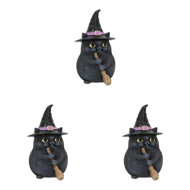 LKWLPD 3 figuras coleccionables de Tabitha, brujas pequeñas, gato negro familiar y figura de palo de escoba, gato de palo de escoba, artefacto de resina, lindas decoraciones de mesa para Halloween y