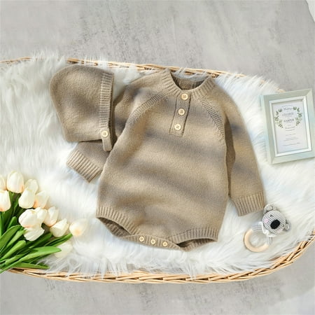 

Hunpta Newborn Infant Baby Girls Autumn Print Solid Button Pullover Long Sleeve Knit Sweater Romper Bodysuit Hat Clothes