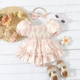 thumbnail image 4 of KAUOD Ruffle Ruched Romper for Toddler Girls Baby Boys Puff Sleeve Smocked Dress with Headband Summer Clothes Jumpsuit, 4 of 9