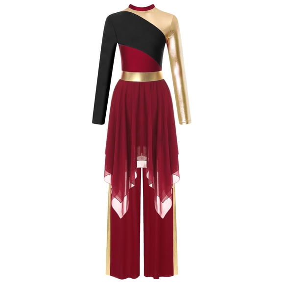 iefiel Robe Tunique de Danse Métallique à Manches Longues pour Femmes avec Pantalon Grand Vêtements de Danse Liturgique Bourgogne L
