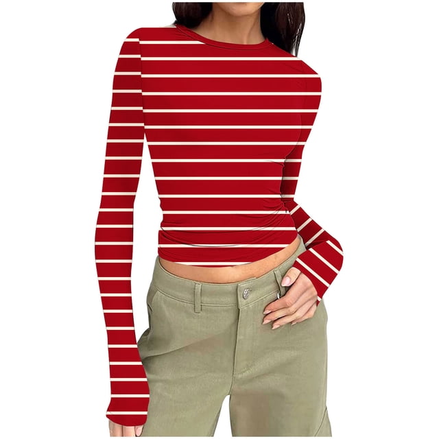 Lovzfmll Haut Décontracté pour Femme à Col Rond, Manches Longues, Court, Ajusté, Extensible, à Rayures, Rouge, M