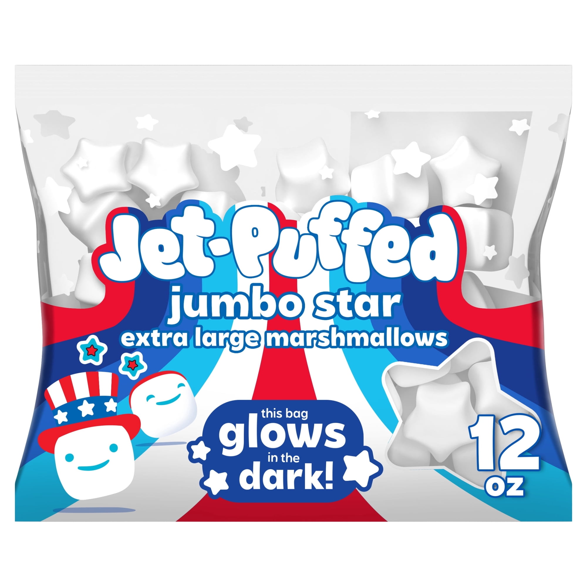 Jet-Puffed Jumbo Star Extra Large Marshmallows, 1 Bag, for S'mores and Americana Snacking, Fat Free, Glow-in-the-Dark Bag, 12 oz