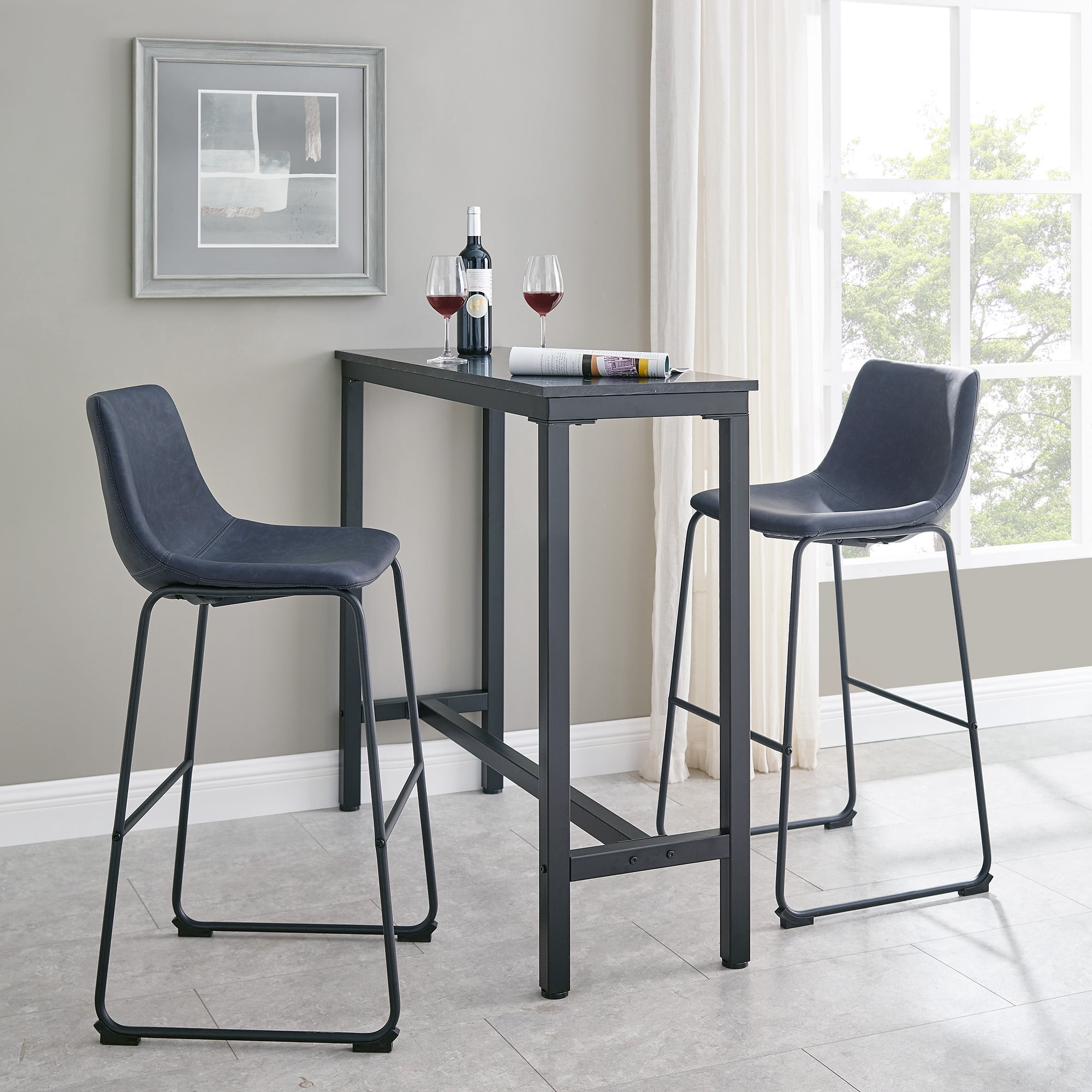 Walker Edison Full Back Faux Leather Navy Bar Stools, Set of 2