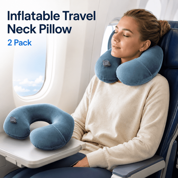 MORAVE 2Pack U Shaped Inflatable Travel Neck Pillow, Washable Pillowcase Napping Pillow for Airplane Train Car Office