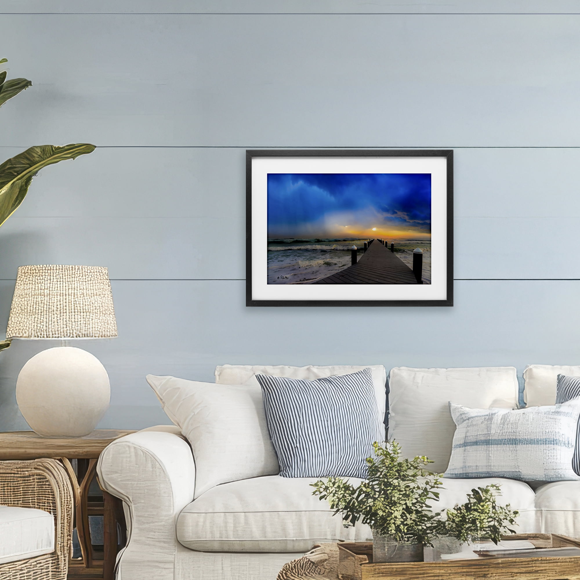 Stupell Industries Sun Breaking Over Sea Pier Black Framed Print Under Glass, design by Eszra Tanner