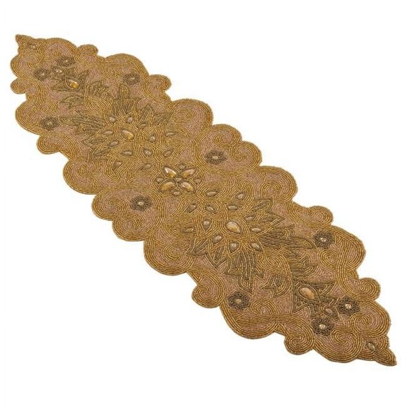 SARO  Beaded Jeweled Scroll Motif Table Runner - Gold - 12in. x 38in.