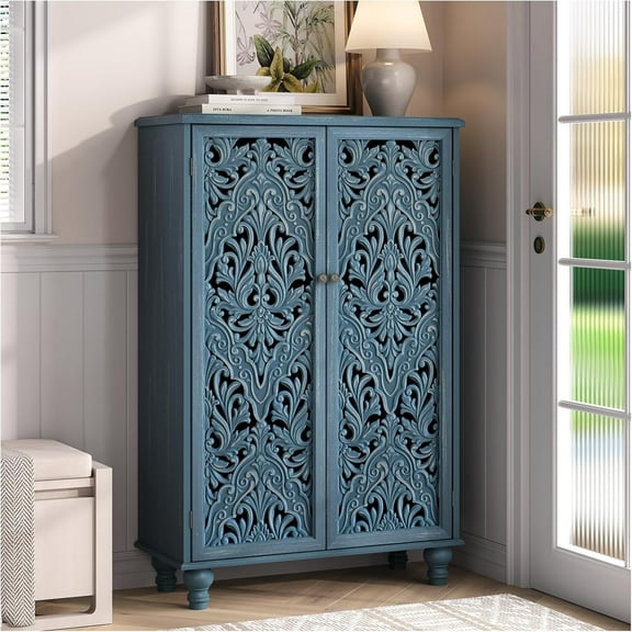 47" Tall Accent Cabinet with Doors and Shelves, Storage Cabinet with Solid Wood Legs for Living Room,Entryway,Dining Room,Bedroom,Blue