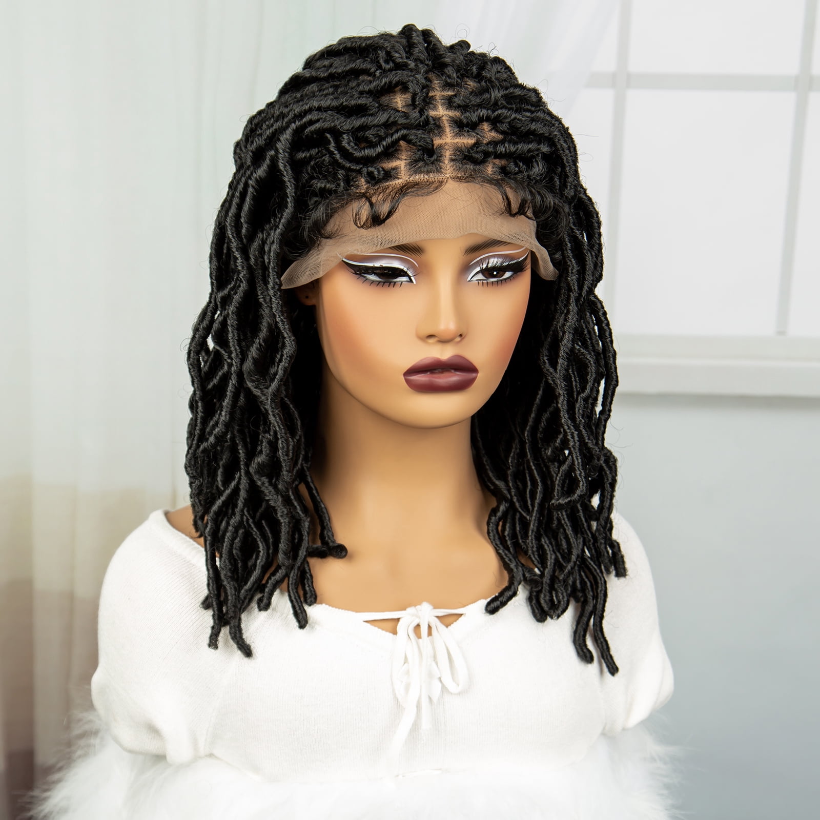 Locs Braided Wigs Synthetic Square Knotless Box Braids Wigs for Women 14 Inches Lace Frontal Lightweight Bob Dread lock Wig with Baby Hair (1B Color)