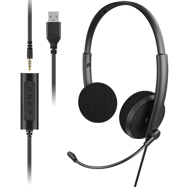 Ideal para usar en computadoras portátiles, PC, oficinas y centros de llamadas: cómodos auriculares USB estéreo negros con cable de 3,5 mm, plug & play, micrófono con cancelación de ruido y