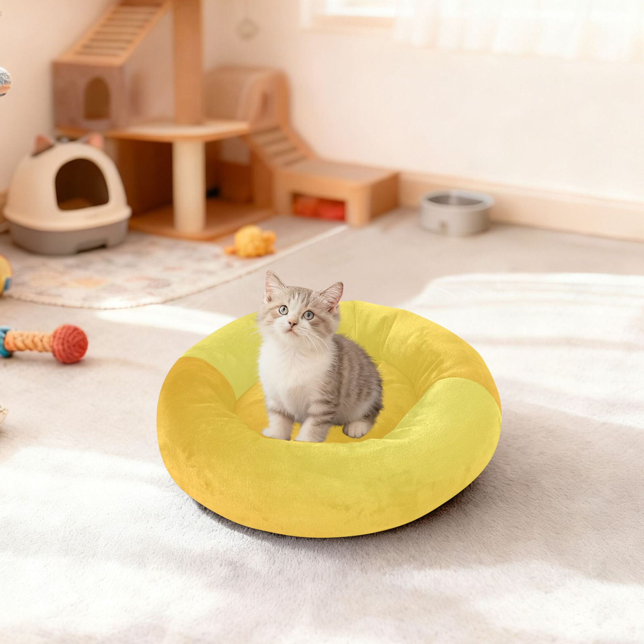 Iauyy Pet Couch Donut Cat Bed for Indoor Cats/Small Dogs Washable & Machine with Non-slip Bottom Calming Cat Furniture, Yellow Gradient (M)