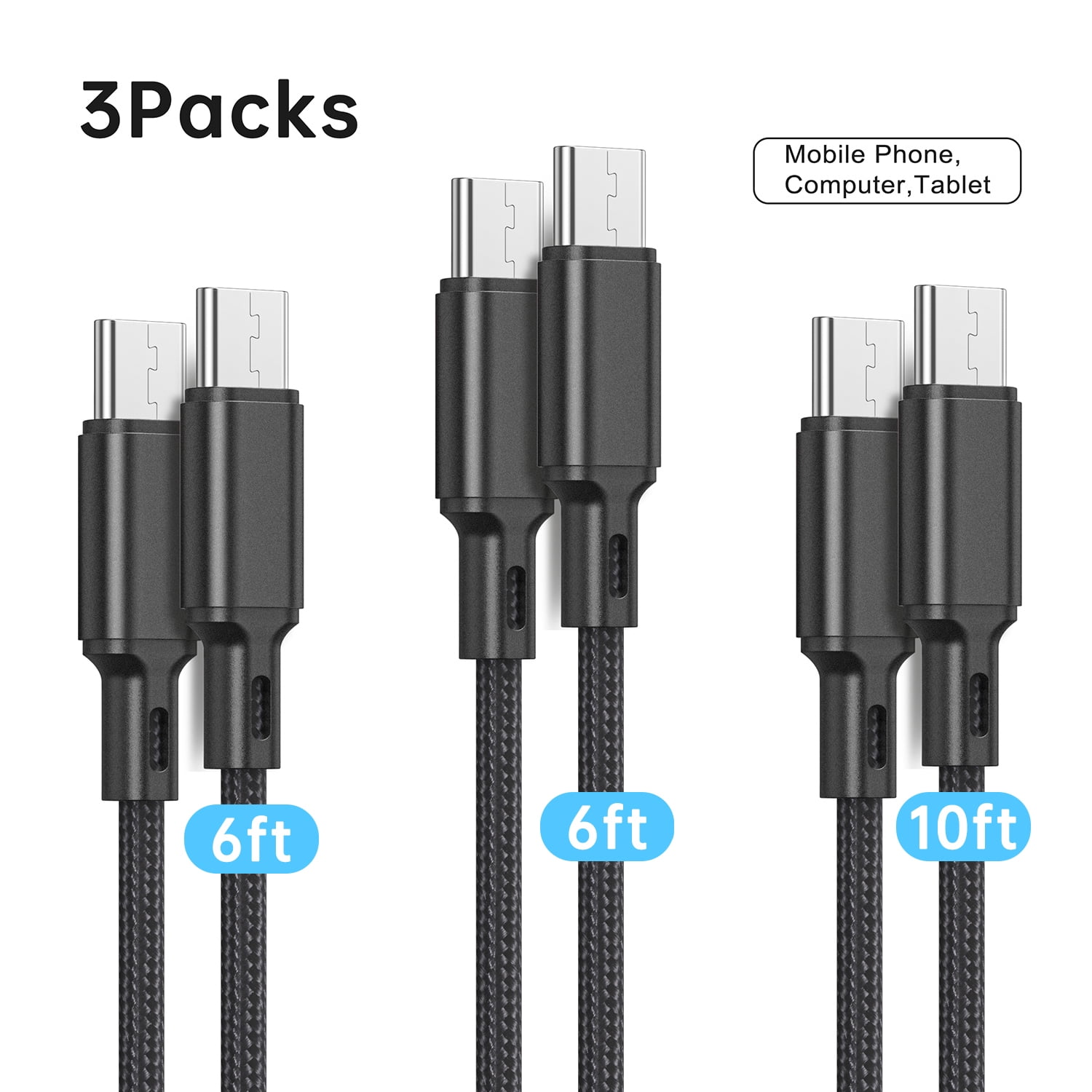 Type C to Type C Charging Cords, 3 Pack [6ft+6ft+10ft] USB C to USB C Charger Cables Compatible for Samsung S23, Note 20 Ultra, MacBook Pro, iPad Pro/ Air, iPhone 15, Black Color