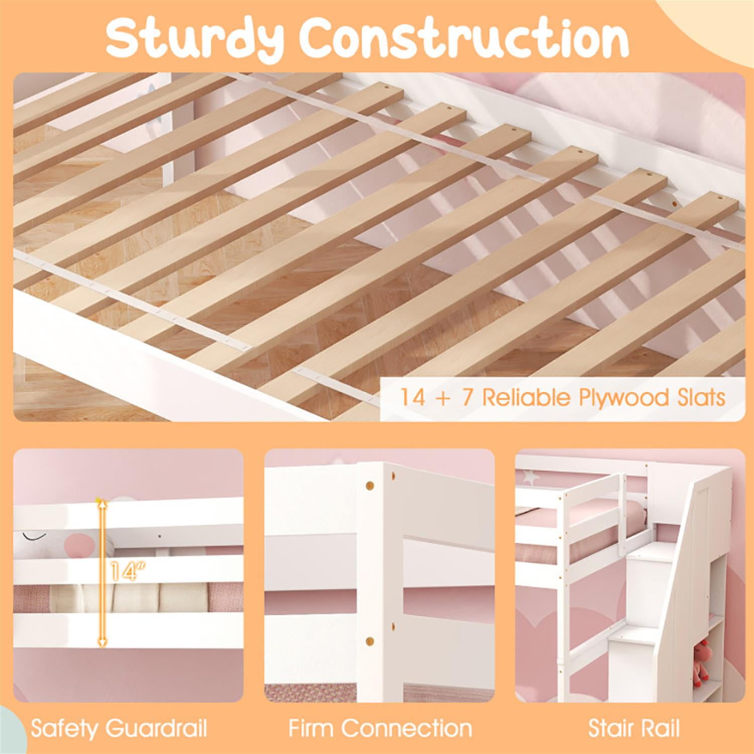 Demi Bonn Home Wood Bunk Bed with Guard Rail and 4-step Storage Stairs, Twin Bunk Beds, No Box Spring Needed, White