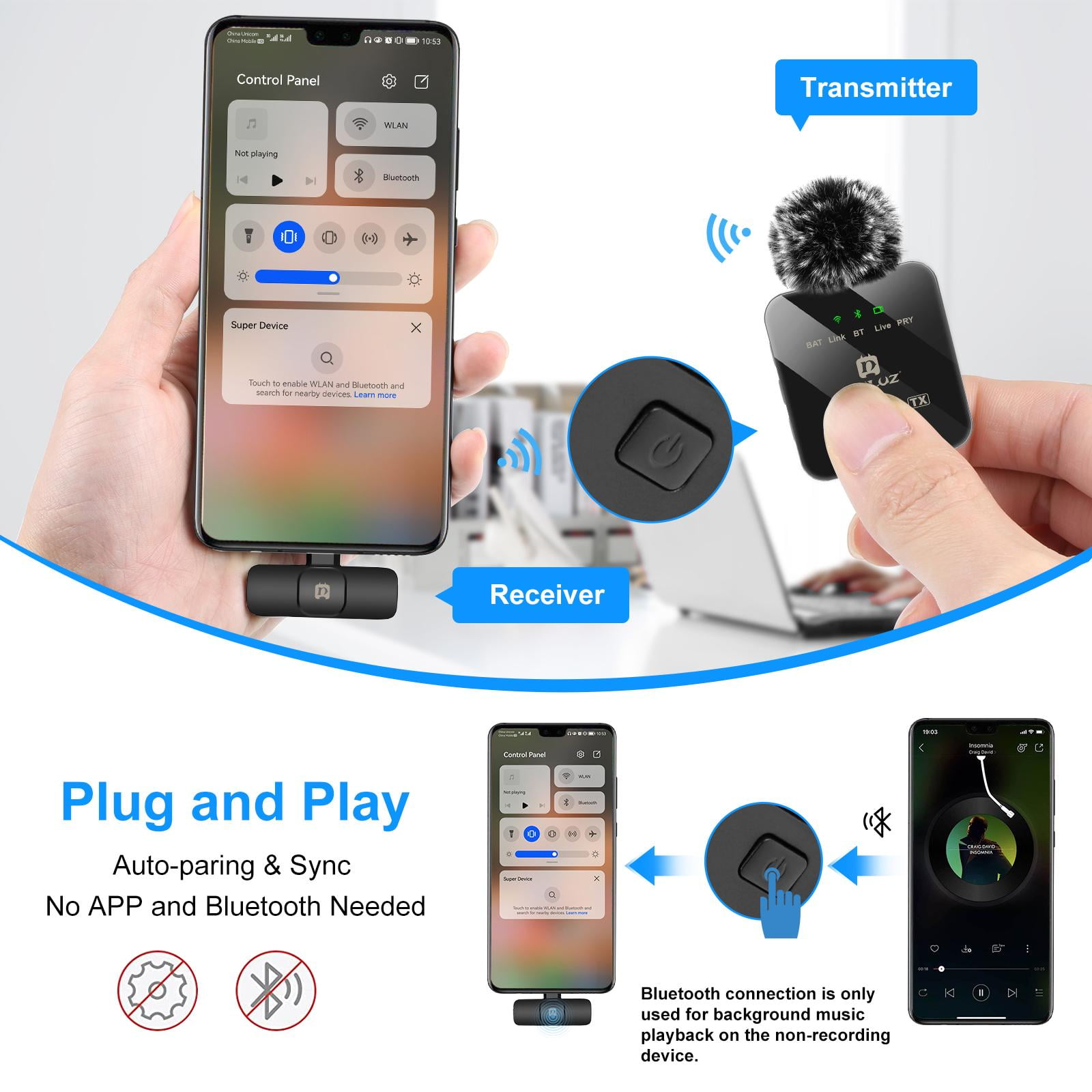 PULUZ Wireless Lavalier Microphone for Type-C Phone, Type-C Receiver and Dual Microphones (Black)