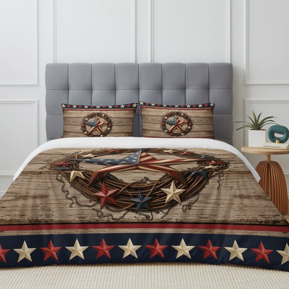 Queen Size Duvet Cover 4 Piece Bedding Set Independence Day Farmhouse Stars Bed Sheet Sets Soft Microfiber Comforter Cover with Flat Sheet 2 Pillow Shams