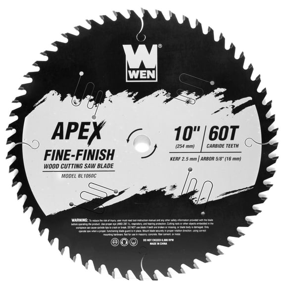 WEN Products Apex 10-Inch 60-Tooth Carbide-Tipped Fine-Finish Industrial-Grade Woodworking Saw Blade with Cool-Cut Coating