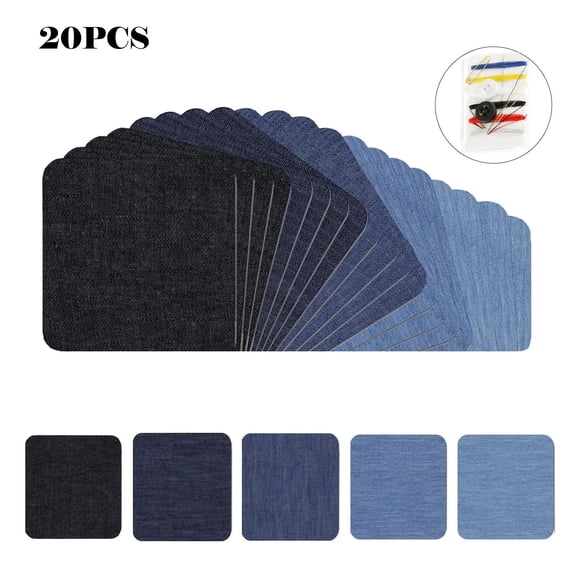 20 Pieces of denim clothing hot stamping patches fabric hot stamping patches jeans repair kit pants patches (5 colors) with needle and thread set included