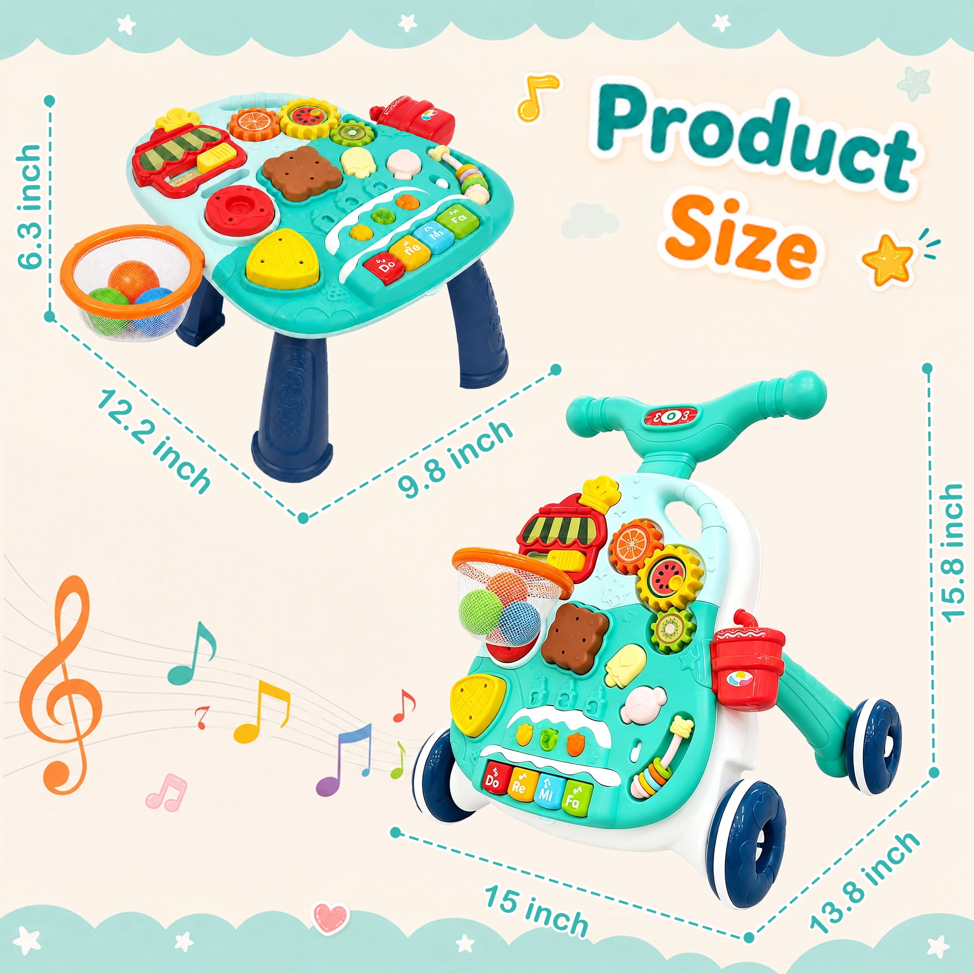 FVLOENG Baby Push Walkers Activity Table Center  3 in 1 Music Learning Walker Sit-to-Stand Toys ,Multifunctional Removable Play Panel,for 6-12 Months Early Educational Gift Infant Boys Girls