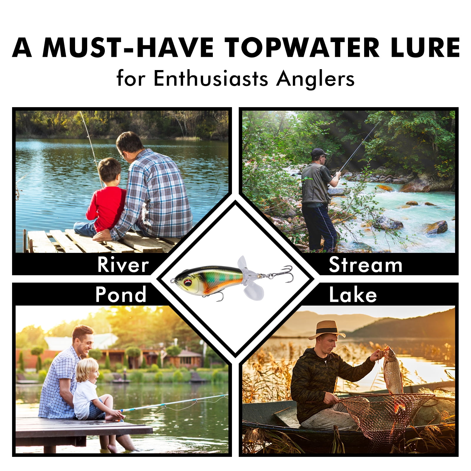 TRUSCEND Popobait Fishing Lures with BKK Hooks, Easy Catch: Instant Startup, Longer Cast, Balanced Spray/Sound/Swim, Topwater Plopper Bait for Bass, Walleye, Catfish, Pike, Great for Family Fishing