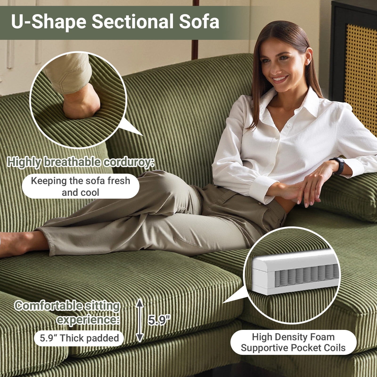 Ktaxon U-Shaped Sectional Sofa, 111"  Corduroy Couch, 4 Seat Lounge Sleeper with Double Chaise for Living Room Green