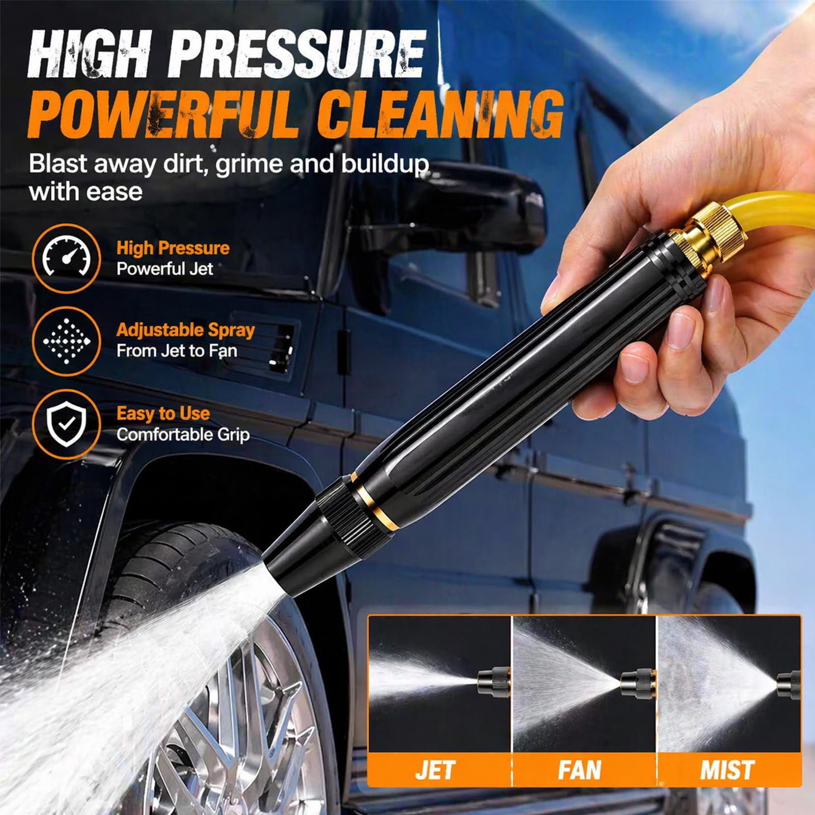 Home High-Pressure Car Wash Water Gun with Booster Nozzle, Booster Nozzle with 3 Adjustable Spray Modes, Anti-Leak Garden Hose Sprayer for Car Washing, Plant Watering, Pet Bathing