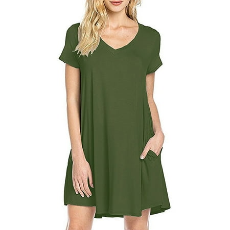 

MAWCLOS Comfy Pajamas T Shirt Dress for Womens Summer Short Sleeve V Neck Sleepwear Nightgown Pocket Sleepshirt Nightshirt