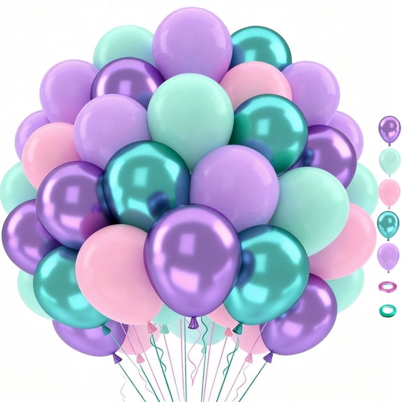 Purple Pink Teal Balloons Set, 50 Pcs 12 Inches Metallic Purple Pink Green Blue Latex Balloons for Birthday Party Decorations
