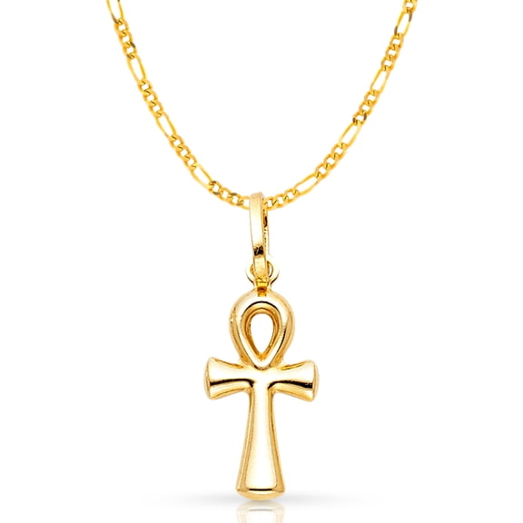 14K Yellow Gold Egyptian Ankh Cross Charm Pendant with 1.6mm Figaro 3 1 Chain Necklace