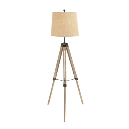 On A Wood Floor Lamp - DecMode 25” x 63” Tall Industrial Iron & Gray Wood Tripod Floor Lamp w/ Beige Linen Tapered Drum Shade