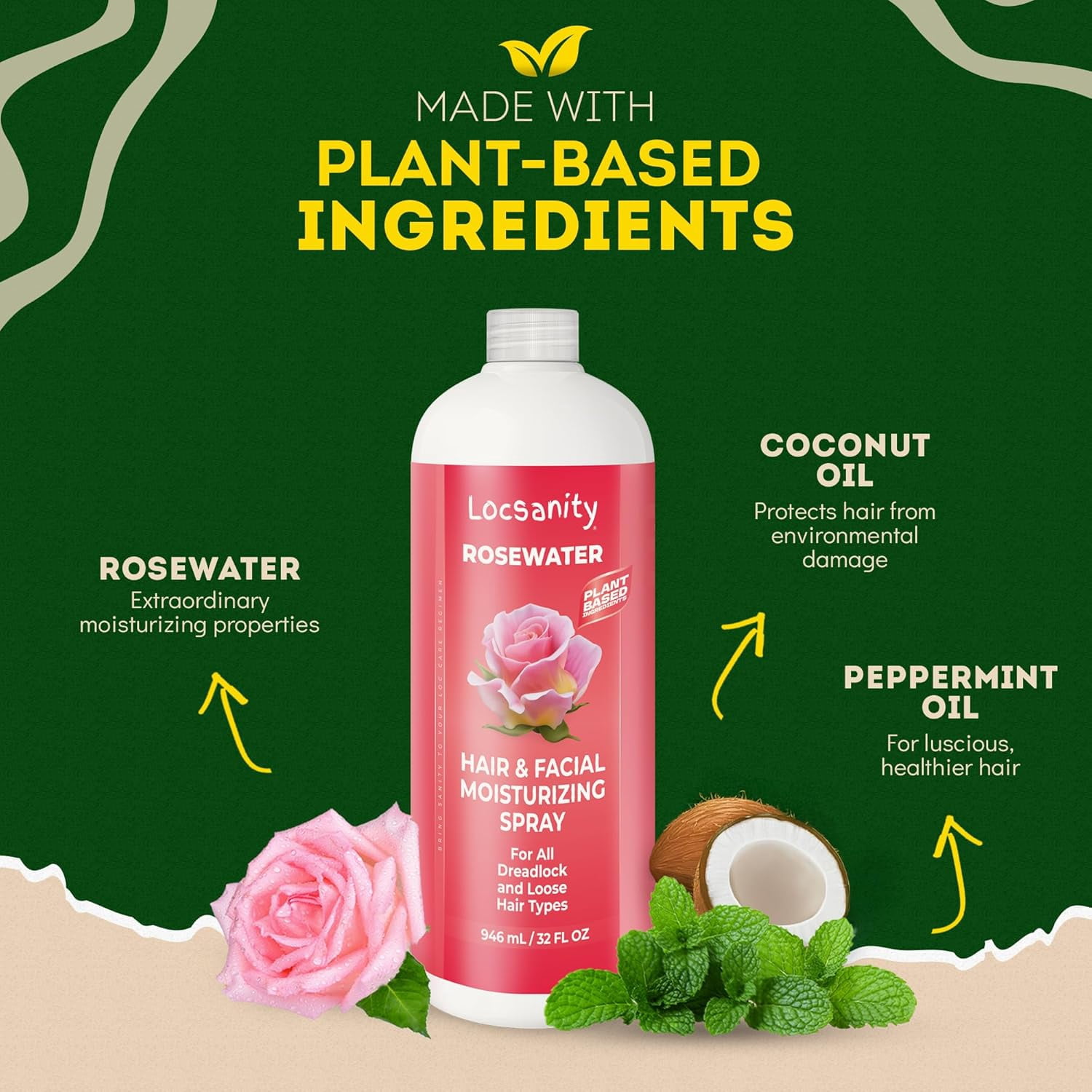 Locsanity Pure Rosewater Hair and Facial Spray – Jumbo Size Hydrating Face Mist to Soothe, Refresh, and Rejuvenate Skin, Reduce Oil and Buildup (32oz)