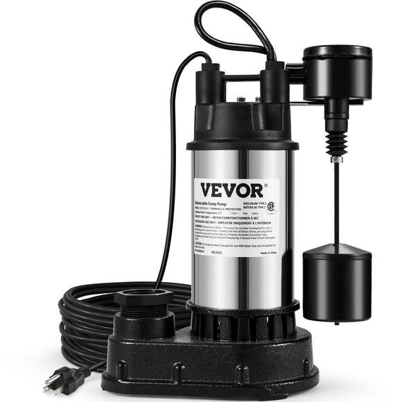 VEVOR Sump Pump, 1.5 HP 6000 GPH, Submersible Cast Iron and Stainless Steel Water Pump, 1-1/2" Discharge with 1-1/4" Adaptor, Automatic Vertical Float Switch, for Indoor Basement Water Basin