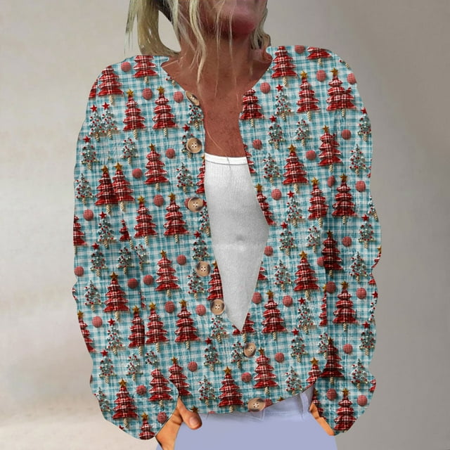 Jsaierl Womens Christmas Ugly Sweaters 2024 Cute Xmas Tree Print Sweater Long Sleeve Open Front Cardigans Button Down Knit Coats