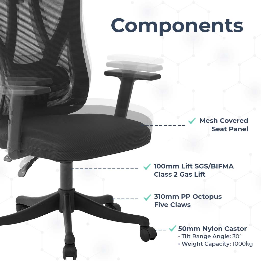 MotionGrey Stylish Ergonomic High Mesh Office Chair with Adjustable Head, Armrest & Lumbar Support - Advanced