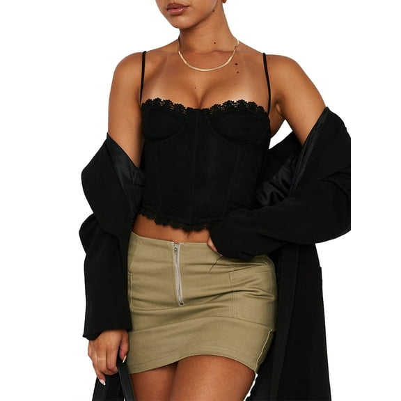 Lnzyyephy Women Bustier Camisole Lace Trim Cropped Corset Tops Zip Backless Shirt Summer Tank Tops for Streetwear Clubwear