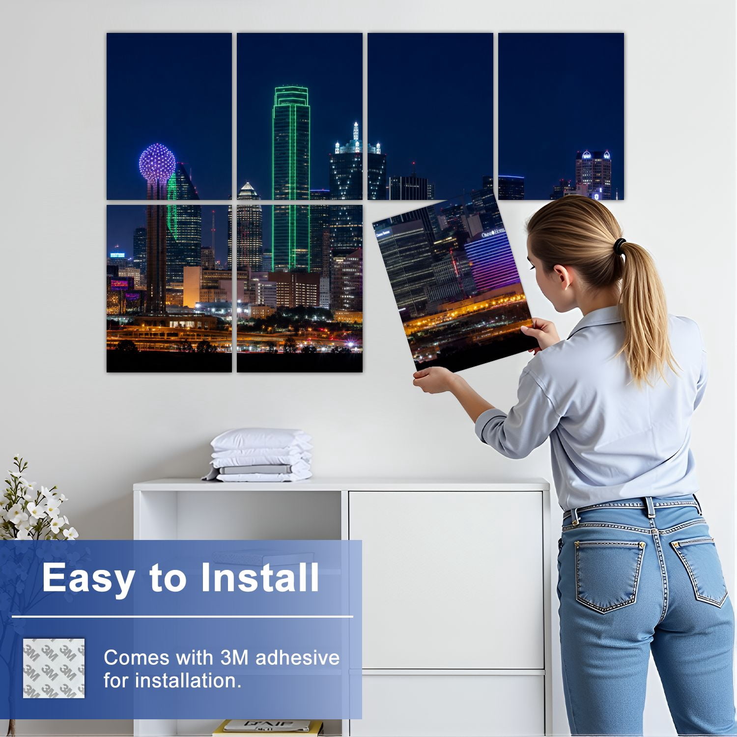 8 Pack Art Acoustic Panels Sound Absorbing Skyline Dallas Texas Decorative Soundproof Wall Panels Self Adhesive for Nursery Game Room Bedroom 48"x32"