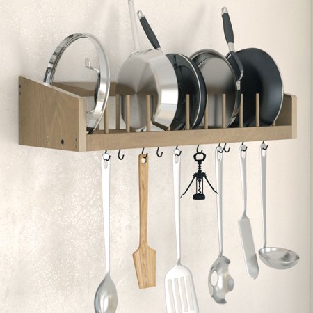 Kitchen Wood Wall Mounted Rack Shelf With Metal Rail And 10 S Hooks Kitchen Wood Wall Mounted Rack Shelf With Metal Rail And 10 S Hooks Pot Pan Plate